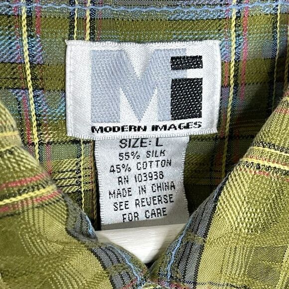 MI Modern Images Green Plaid Silk Blend Short Sleeve Button Up Men’s Size Large - Picture 7 of 9